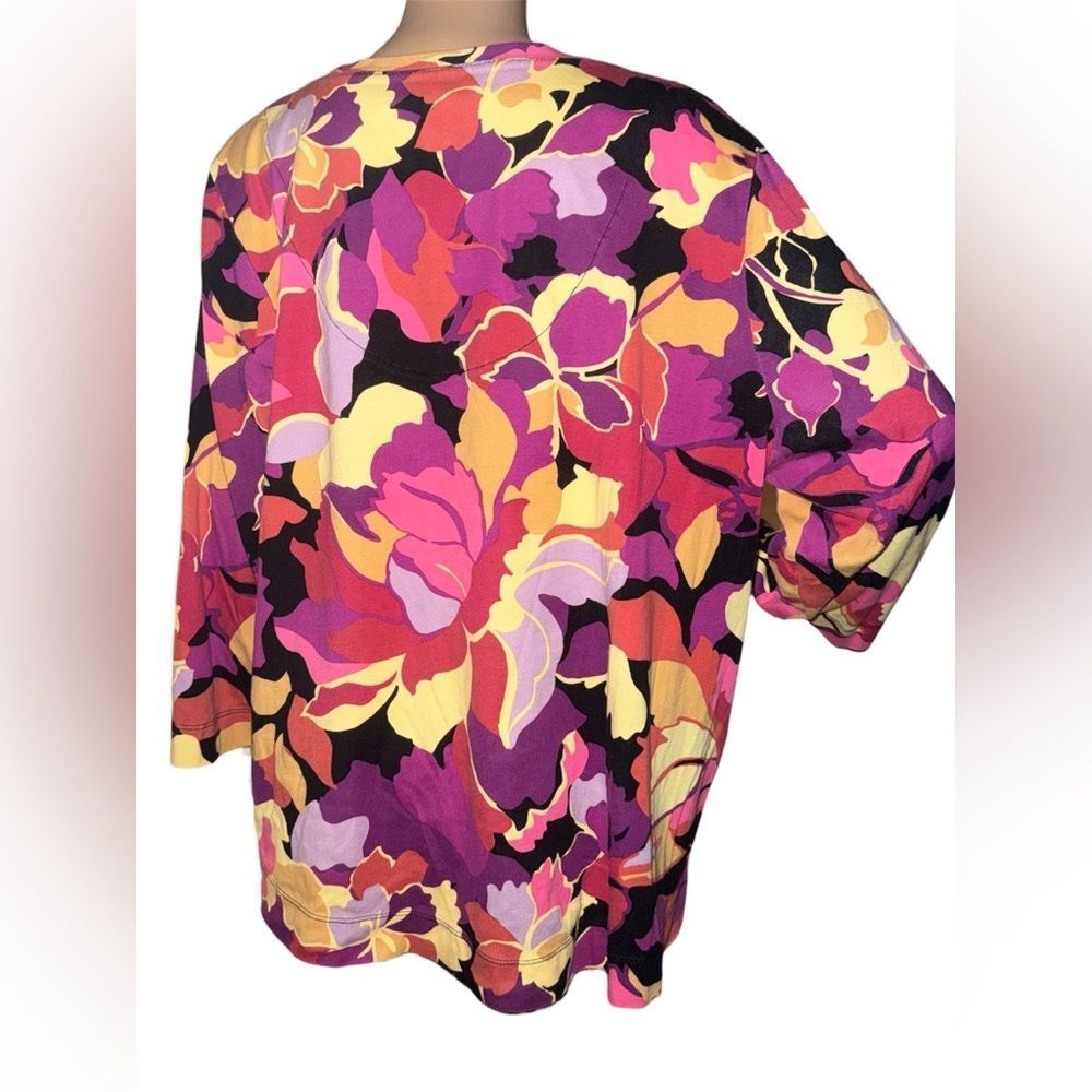Chico's Pink, Yellow Black Red Yellow Floral V‑Neck Long Sleeve Top - Picture 3 of 7